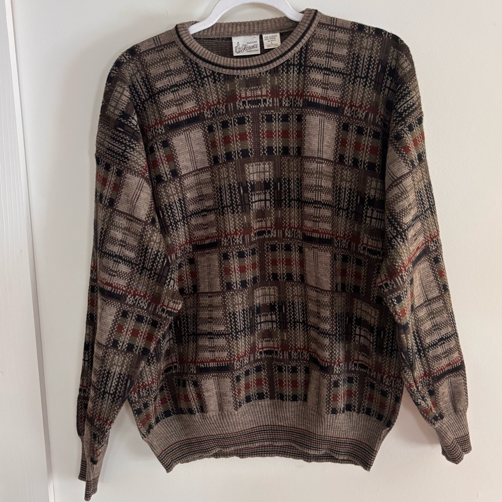 Italian Made Wool Blend Knit Sweater Brown Plaid Vintage Grandpa Cozy L